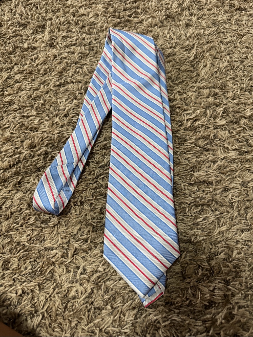 The Tie Bar Light Blue Striped Silk Tie with White and Red Accents